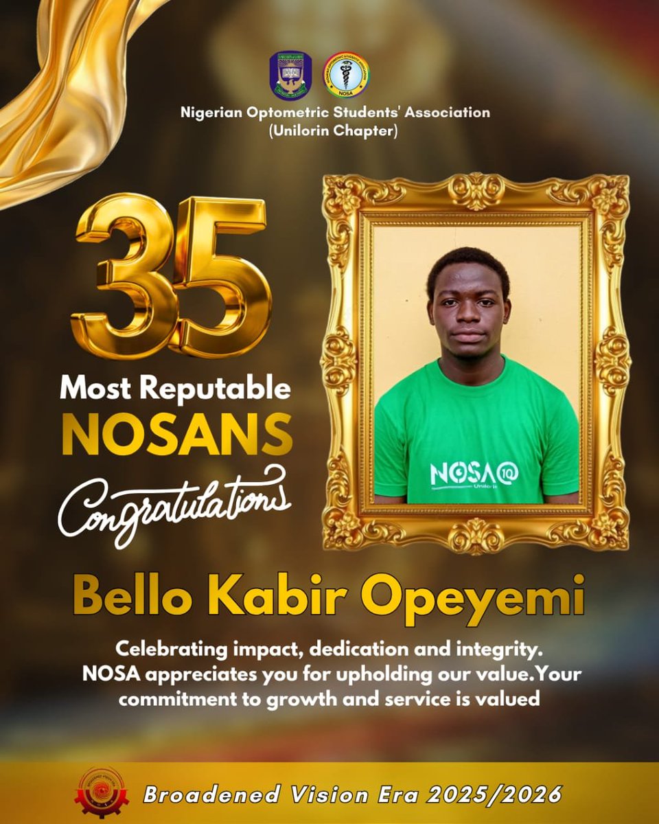 NOSA_UNILORIN's tweet photo. The Journey Continues!🚀
Big congratulations to Bello Kabir Opeyemi on being named one of the 35 Most Reputable NOSANS! 🎉
Keep soaring!
#NOSA #UnilorinOptometry #HigherHeights #BroadenedVisionEra https://t.co/Oy2BrYh9xN