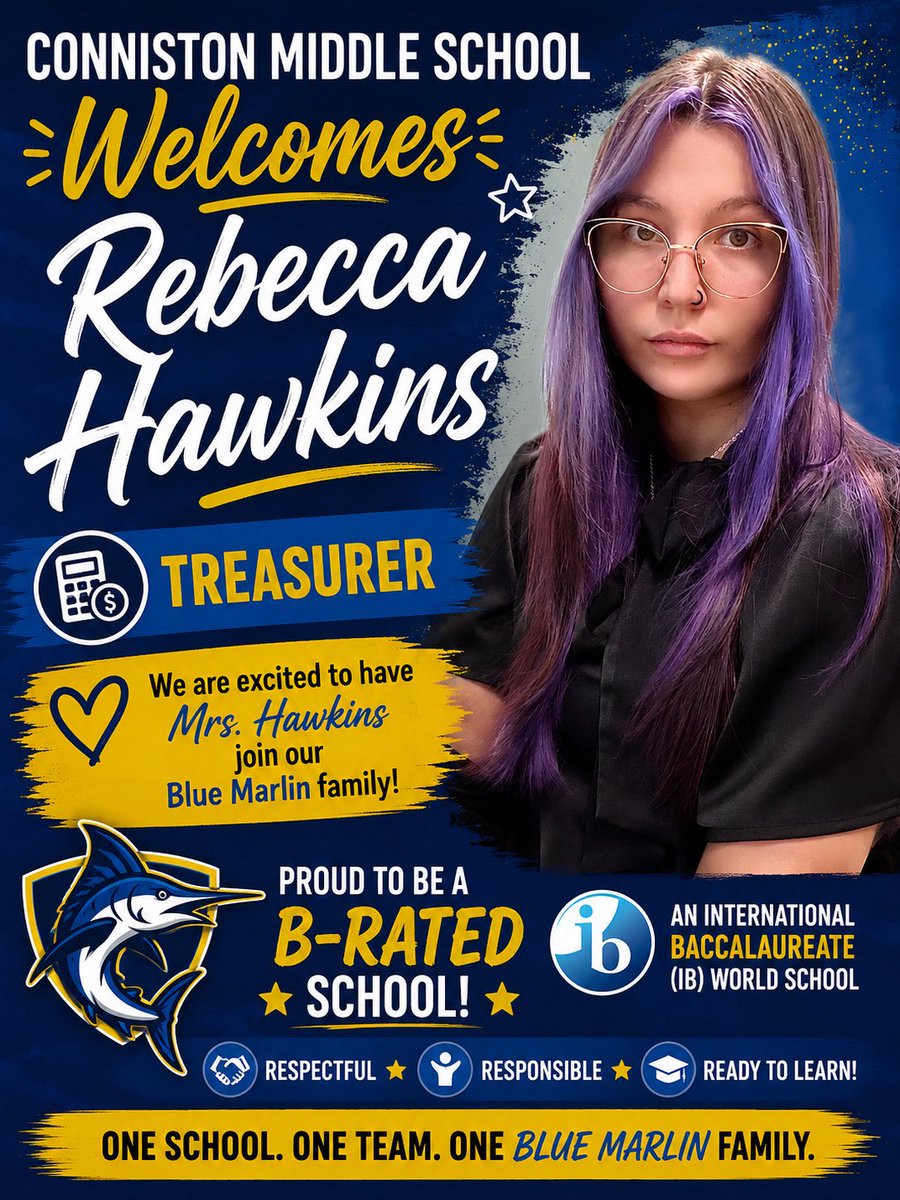 ConnistonMiddle's tweet photo. Please join us in welcoming Rebecca Hawkins to the Conniston Middle School family as our new Treasurer!
@jamesthomas3601 @JavierOrtolaza @kgwhetsell @derwingatlin1 @FRiveraPBC https://t.co/5j2cS00V4y