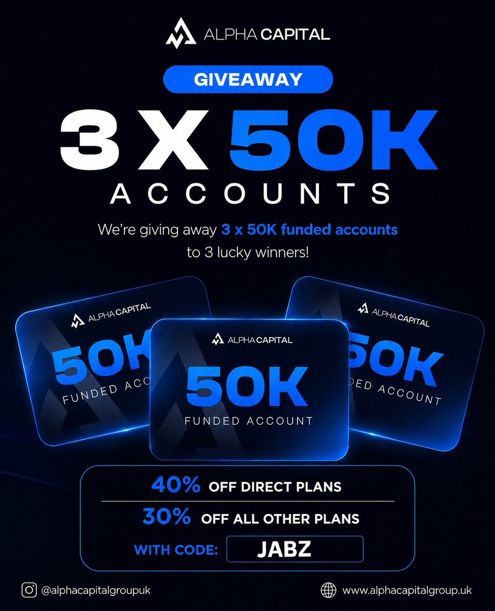 JABZ_FX's tweet photo. I'm giving away 3 X 50k challenge accounts 

💠 Must Follow:
@JABZ_FX 
@AlphaCapitalUK 

📢 Use my code: JABZ to grabbed 50% off on all 2step accounts 

💠 Like and Repost

💠 Tag 3 Traders

Winner in 72hrs https://t.co/vX9S9zndH7