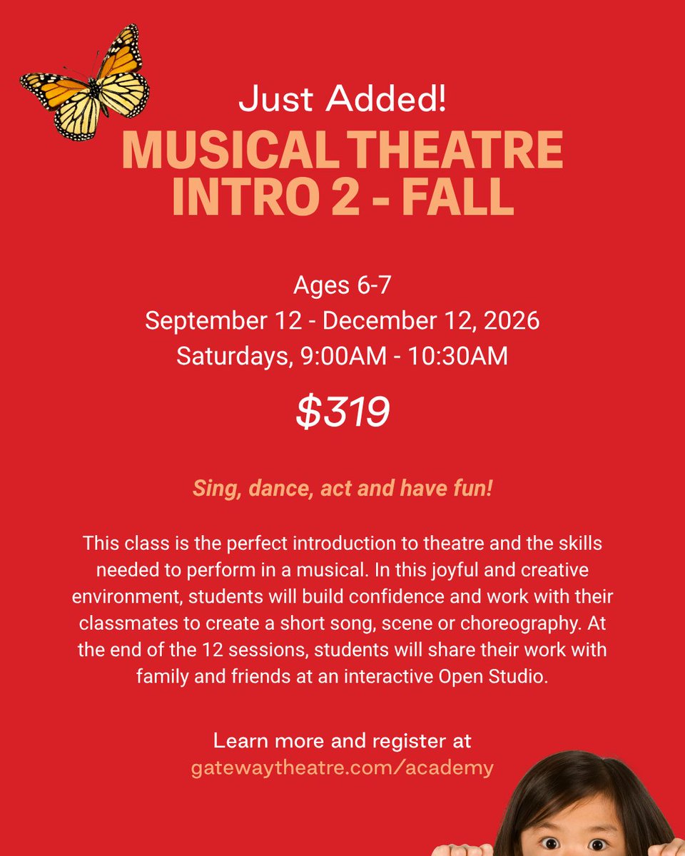 GatewayThtr's tweet photo. NEW! Musical Theatre Intro 2 - Fall 🎭🌟

Due to popular demand, we've added a second session of Musical Theatre Intro - Fall! 🤩

Enroll your young person in this introductory class for youth ages 6-7 to build confidence and have fun!

Learn more at https://t.co/fpr9c91PWq. 🔗 https://t.co/xQWdXruvnM