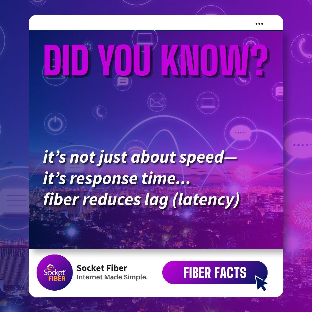 Socket's tweet photo. Speed gets most of the attention—but latency matters too.

Fiber offers lower latency, meaning your connection responds faster. That’s key for gaming, video calls, and real-time streaming.

👉 See the difference at https://t.co/pdxsM9j7vh https://t.co/lU3RGrYlJY