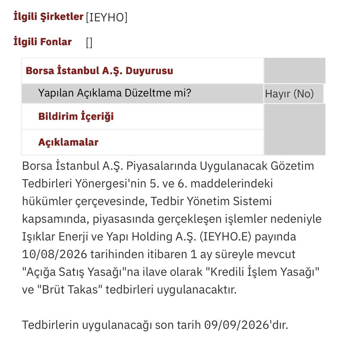 Finvox_'s tweet photo. #IEYHO’ya 1 ay boyunca ek tedbir geldi.
1) Kredili işlem yasak.
2) Brüt takas uygulanacak
3) Açığa satış yasağı zaten devam ediyor.
Hissenin çoğunluğu #Alnus üzerinde olduğu için #DFI tarafında bir sorun yaşanacağını düşünmüyorum. https://t.co/r3WZxLJVUz