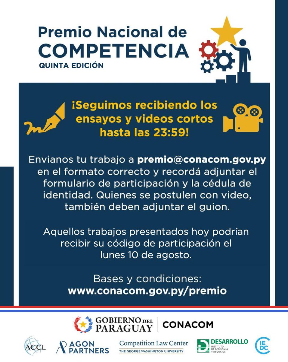 conacompy's tweet photo. 🚨 ¡ATENCIÓN! 🚨

¿Tenés un ensayo o un video corto sobre competencia que quieras presentar? 

📩 Tenés tiempo hasta las 23:59hs de HOY para enviar tu trabajo al Premio Nacional de Competencia (Quinta Edición).

📧 Envía tu postulación a: premio@conacom.gov.py

(1/2) https://t.co/GB3hyNf8W4