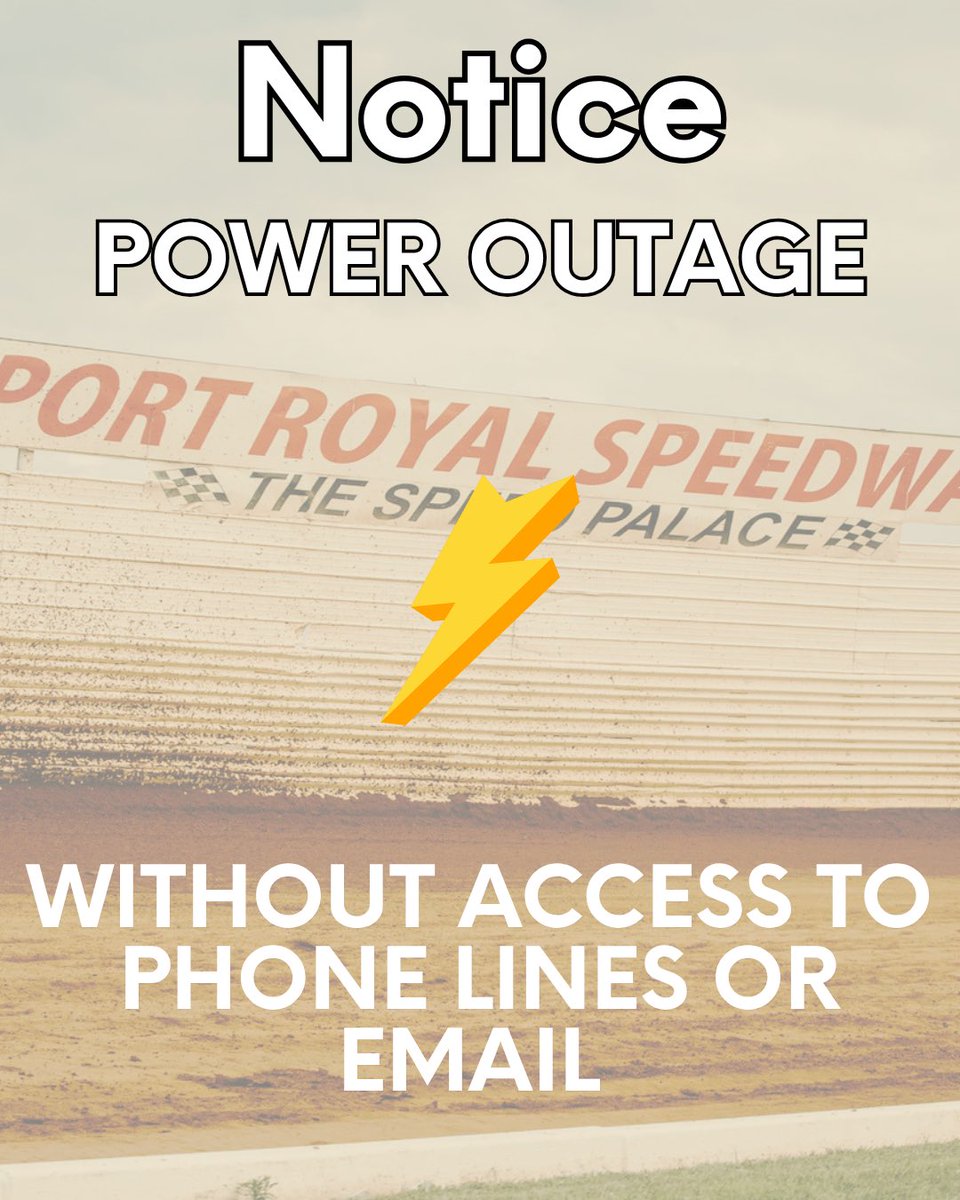 PortRoyalSpdway's tweet photo. ⛈️ ⚡️ 

Heads up! The Juniata County Fair and Port Royal Speedway office is temporarily out of power with no access to phone or email due to the storms rolling through the area. https://t.co/FtBTbYmBSP