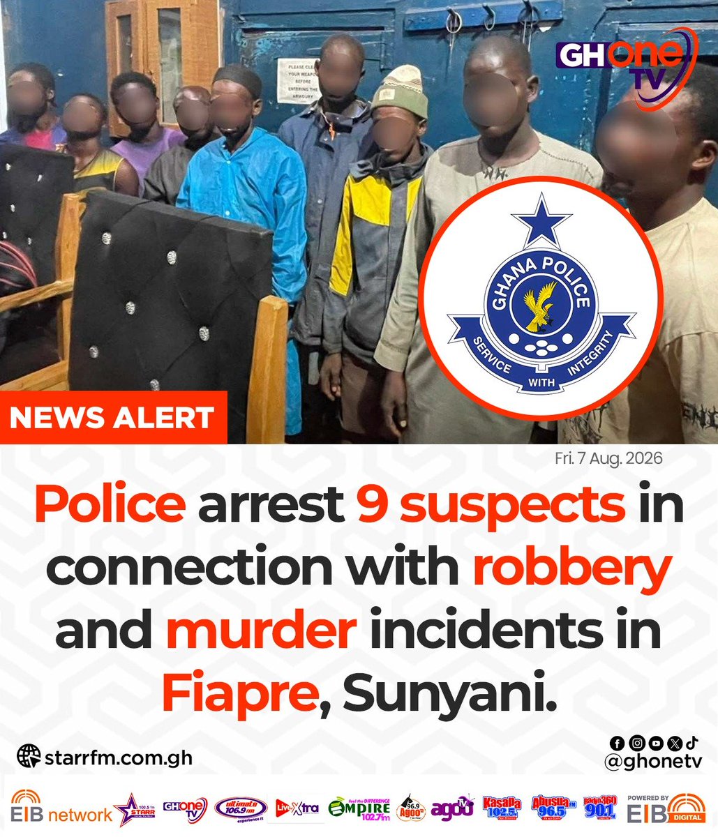 ghonetv's tweet photo. Police arrest 9 suspects in connection with robbery and murder incidents in Fiapre, Sunyani...

#GHOneNews #EIBNetwork
#GHOneTV #NewsAlert https://t.co/0ZD67V2Pdo