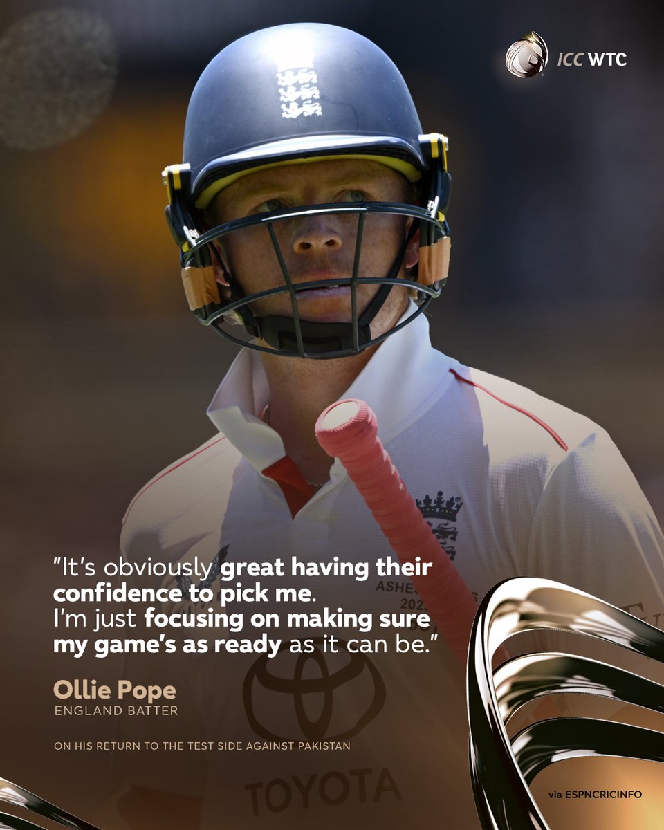 ICC's tweet photo. Back in the England squad, Ollie Pope is ready to play his part in their #WTC27 plans 👊

Read more ➡️ https://t.co/QpPezuebqI https://t.co/Qp5yKxw2Jn