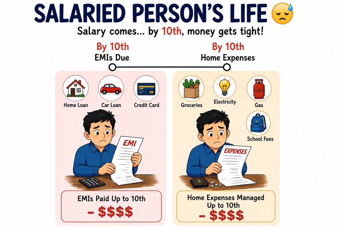 SamirFinupdates's tweet photo. Salaried person life

🏦Managing EMI upto 10th of the month

🏠Managing home expenses upto 10th of the month. 

#Salary #EMI
#Savings https://t.co/rxzSi6nnZI