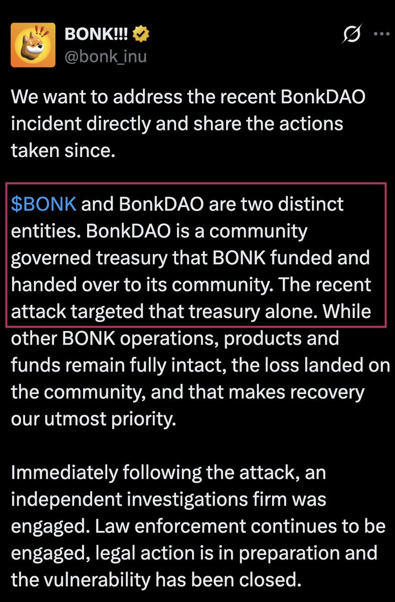 SolanaFloor's tweet photo. 🚨JUST IN: @bonk_inu says BonkDAO is a separate, community governed treasury and that the $20M governance attack was confined to “that treasury alone,” leaving $BONK operations, products and funds unaffected. https://t.co/DqbnN7ELTz