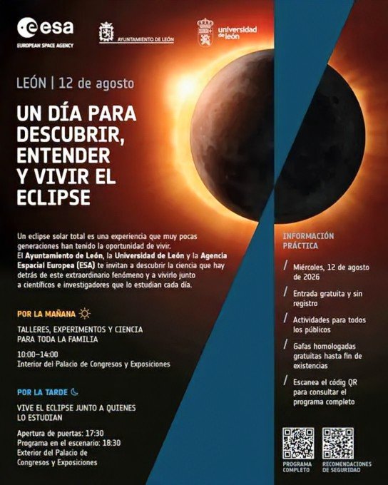 Astro_SaraG's tweet photo. ¡El eclipse solar total se vive con la @ESA en #León! 🌑☀️

​Yo no podré acompañaros, pero seguirlo desde allí es un planazo.

Descubre la ciencia que hay detrás de este fenómeno tan extraordinarios gracias a un amplio programa de actividades.

@esa_es | https://t.co/WYSkMyVjzO https://t.co/MEgE8oOWC3