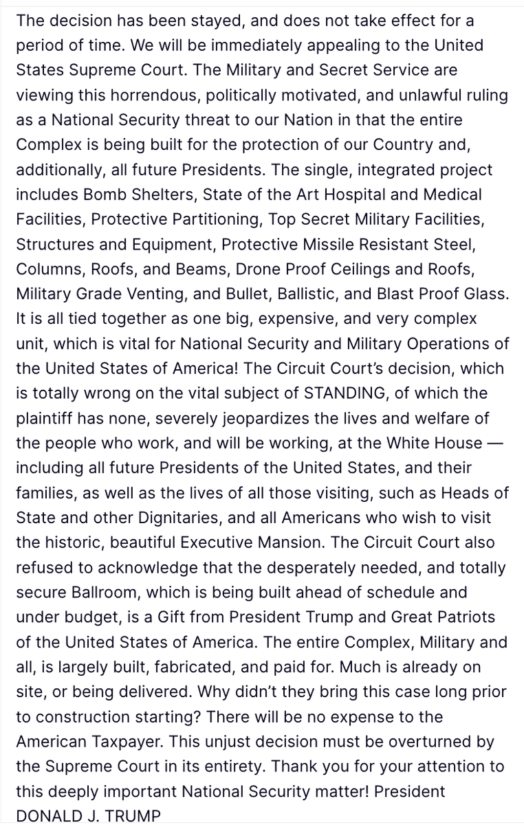 ddiamond's tweet photo. Trump says he will be "immediately" appealing the ruling to the Supreme Court

Lengthy Truth Social post also rehashes his arguments for the ballroom — particularly, that presidents need it for security https://t.co/wu7H0qP82u