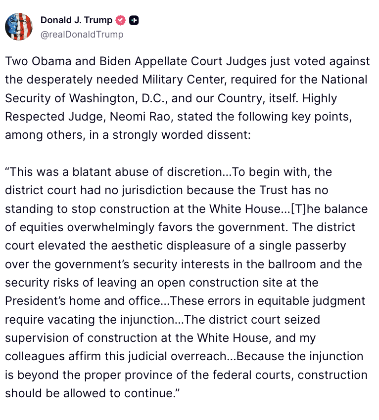 ddiamond's tweet photo. Trump says he will be "immediately" appealing the ruling to the Supreme Court

Lengthy Truth Social post also rehashes his arguments for the ballroom — particularly, that presidents need it for security https://t.co/wu7H0qP82u