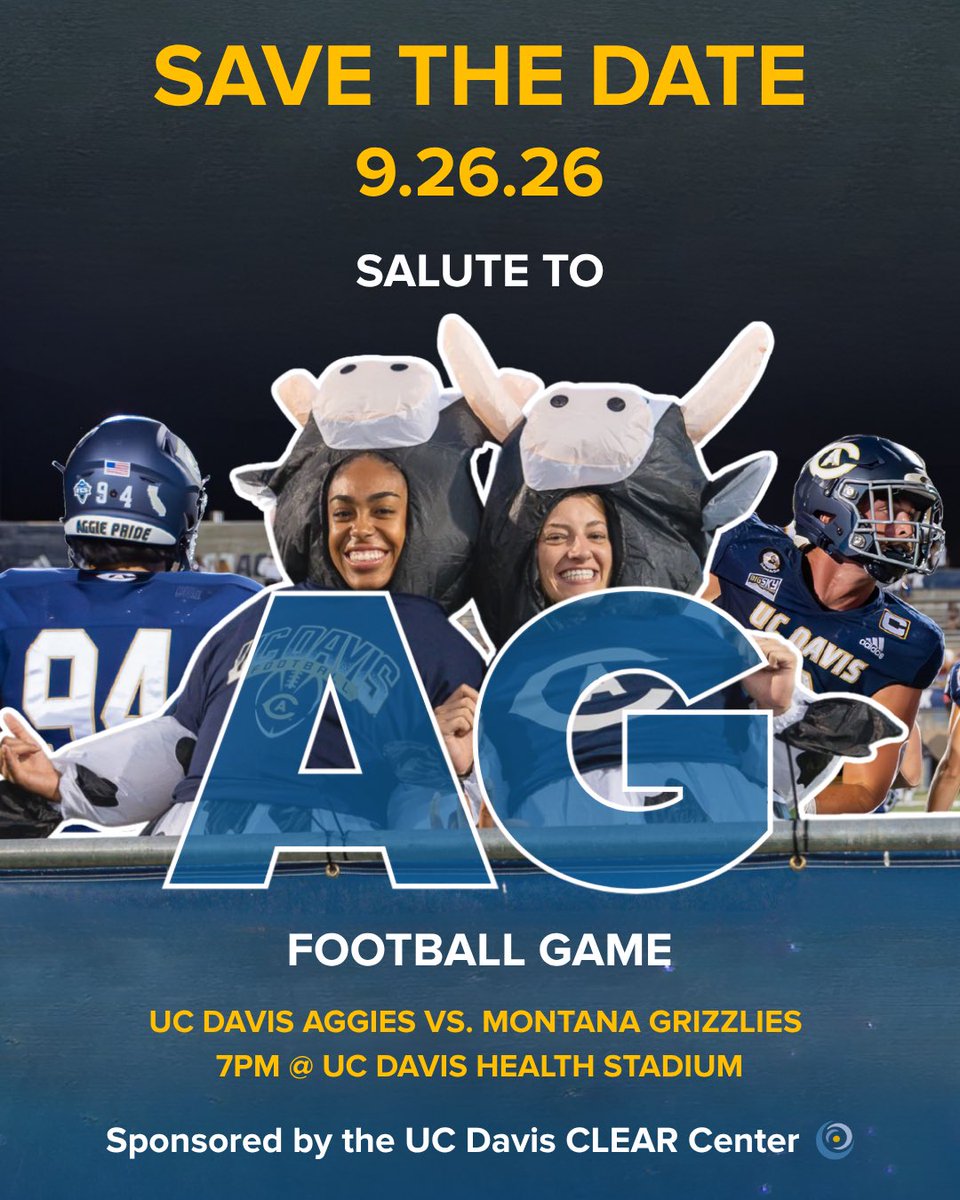 UCDavisCLEAR's tweet photo. Mark your calendar for the Salute to Ag Football Game, Sept 26 at the UC Davis Health Stadium! @ucdavisaggies @UCDfootball

Aggies vs. Grizzlies! 🐴 🐻 #AgDay 💙 💛  

Sponsored by @UCDavisCLEAR. 

Read more about the event: https://t.co/0L040B0VWt 🔗 https://t.co/IniuChYBBu