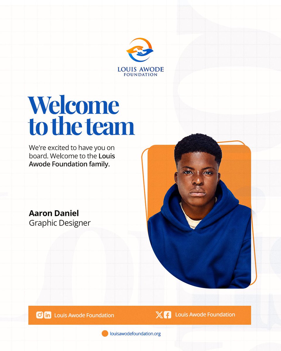 LouisAwodeNGO's tweet photo. Welcome to the team, Aaron Daniel! 🎉

We’re excited to welcome our new Graphic Designer to the Louis Awode Foundation. Your creativity will help us tell stories that inspire and create lasting impact.

Welcome to the family—we’re glad to have you on board!

#LouisAwodeFoundation https://t.co/MTGWev3LFY