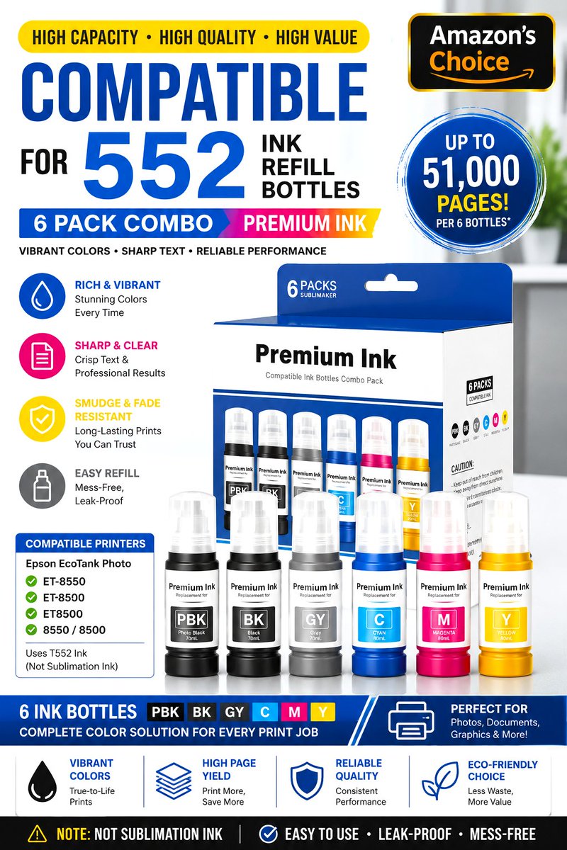 Ikramsheikhh's tweet photo. Compatible Epson 552 Ink Refill Bottles 6 Pack for ET-8550 & ET-8500 | High Yield T552 Ink
๐ทClick & Buy: https://t.co/5x9h83o2Ig
#EpsonInk #Epson8550 #Epson8550Printer #EcoTank #homeoffice #affiliatemarketing #ad #printerink #ink https://t.co/nUj3QBXnBK