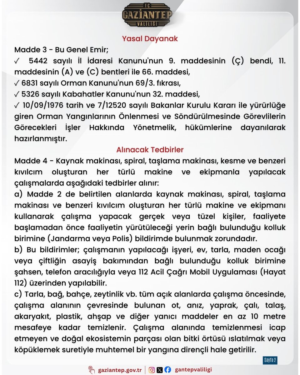 gantepvaliligi's tweet photo. Kıymetli hemşehrilerimiz;

Kaynak makinası, spiral, taşlama makinası ve benzeri kıvılcım oluşturan makina ve ekipmanların kullanımından kaynaklanabilecek yangınların önlenmesine yönelik gerekli tedbirleri içeren Valilik Kararımızı yayımladık.

🏠🔥 Can ve mal güvenliğimizi korumak, özellikle yaz aylarında artan yangın risklerini en aza indirmek için hep birlikte daha dikkatli ve tedbirli olmalıyız.

#Gaziantep