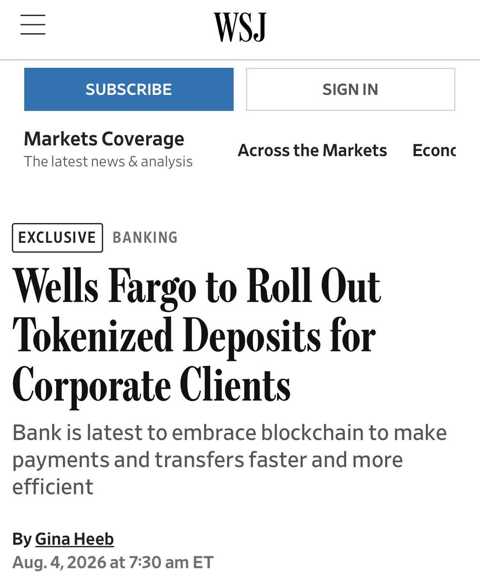 _Mr_ManXRP's tweet photo. Came out 10 mins ago.

Wells Fargo confirmed that it plans to launch tokenized deposits for corporate and commercial clients in fall 2026.

The initial service will support U.S. dollars and British pounds for crossborder payments, allowing clients to transfer, program and settle https://t.co/8nuWKyytPf