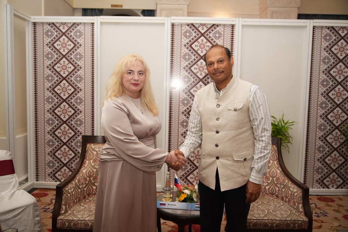MinOfCultureGoI's tweet photo. On the sidelines of the ongoing BRICS Culture Track meetings under India’s Chairship, Shri Vivek Aggarwal, Secretary, Ministry of Culture, held a bilateral meeting with H.E. Ms. Zhanna Alekseeva, Deputy Minister of Culture of the Russian Federation.

The meeting explored avenues to deepen India–Russia cooperation in the fields of culture and heritage, while reaffirming the shared commitment to advancing collaboration through the BRICS cultural agenda. Shri Vivek Aggarwal also extended an invitation to the Russian Federation to participate in the Ministry of Culture’s Art & Architecture Biennale, scheduled for December 2026.

#BRICS2026 #CultureUnitesAll #IndiaForBRICS @BricsIndia2026