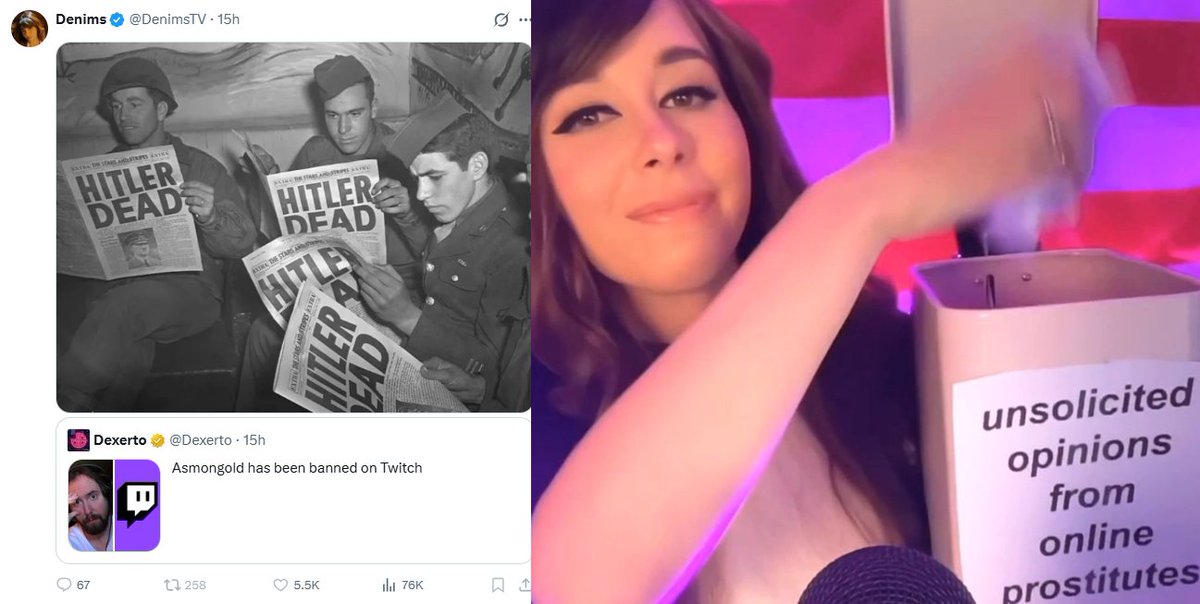 AI_EmeraldApple's tweet photo. OnlyFans content creator DenimsTV celebrates Asmongold getting banned... 
And, as usual, her opinion belongs in the trash.

The reality is that after his ban, his actual audience will be even bigger when he returns, just like every other time. 

It becomes free publicity because the ban is total BS and a complete double standard, which is why the news spreads and new people tune in.