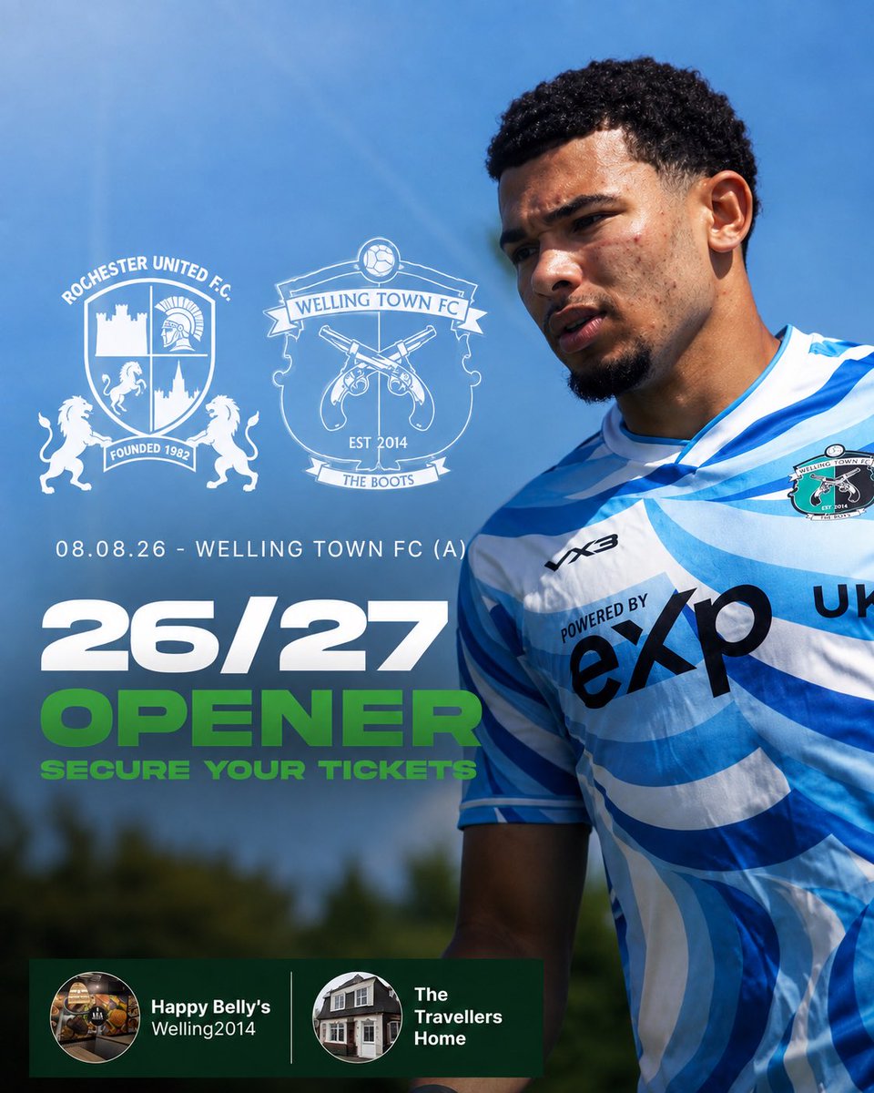 WellingTownFC's tweet photo. 🎟️ 26/27 OPENER.

A new season begins tomorrow as the Boots travel to @Rochesterutdfc . 💚🖤

Time to get behind the boys as we begin our 2026/27 campaign.

Huge thanks to our sponsors. 

@SCEFLeague @KCFL1516 @NonLeaguePaper @KentFA 

UP THE BOOTS! 🔫 https://t.co/iPWc5XASUR