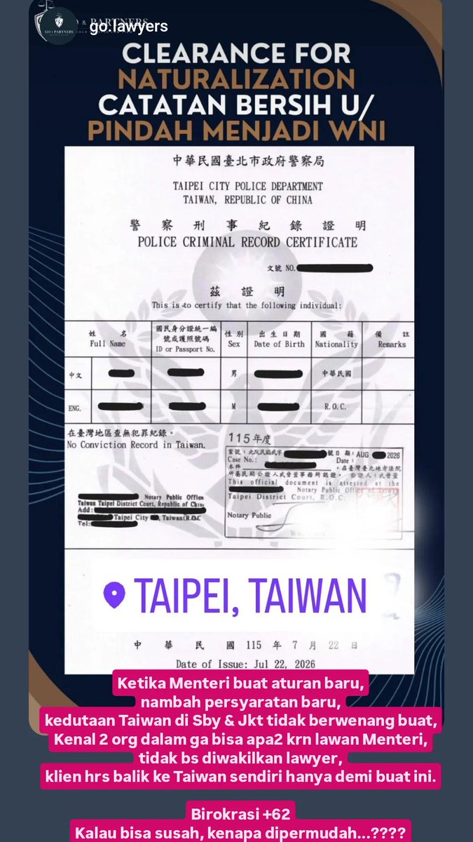 Samuel_Gozaly's tweet photo. Clearance for Naturalization
Catatan Bersih Orang Taiwan untuk Pindah Menjadi WNI (Warga Negara Indonesia)

Go &amp; Partners
Law Firm &amp; Business Consultant
Ruko Puncak CBD No.6G-Toll, Wiyung, Surabaya, Indonesia.
https://t.co/8uHElJvvUR

#LawFirmIndonesia #LawFirmSurabaya #Lawyer https://t.co/nlOvwT9PWc