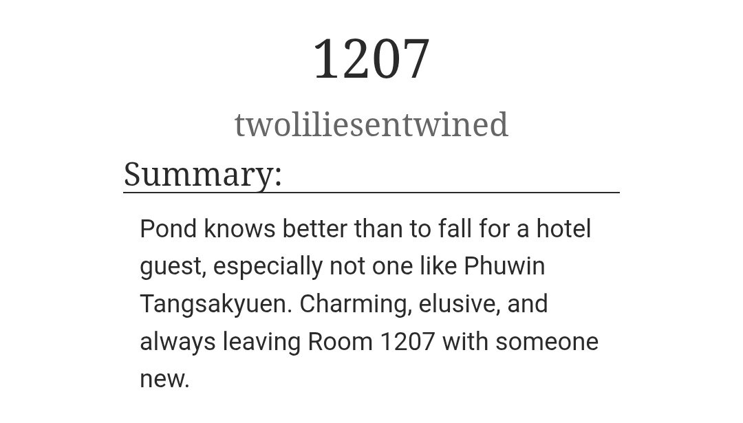 lilieslibrary's tweet photo. "1207"
PondPhuwin ppw AO3 fanfic AU | First Meetings | Crush at First Sight | Hotels | Mutual Pining | Strangers to Lovers | Developing Relationship | Slow Burn | Romantic Tension | Flirting | Guest/Staff Relationship

https://t.co/1igLqSKcxz https://t.co/GHVW686mfj