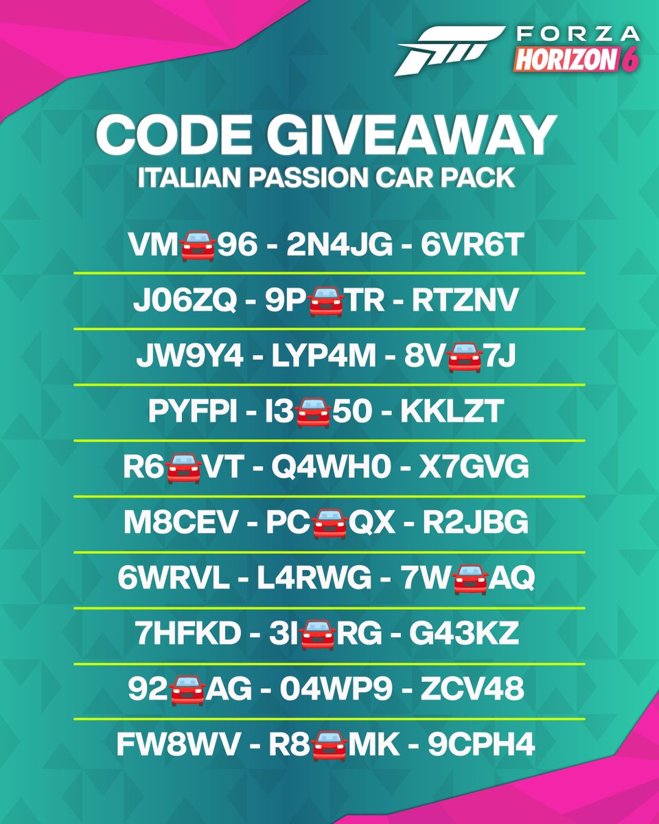 ForzaHorizon's tweet photo. Ready, set, CODE DROP! Bag yourself the Italian Passion Car Pack on us 🇮🇹

How? Find the missing digit (A-Z or 0-9) hidden behind the emoji, and enter the code on your XBOX/PC (5-part codes) or Steam (3-part codes).

But you've gotta act fast to grab one before they're gone! Go go go!