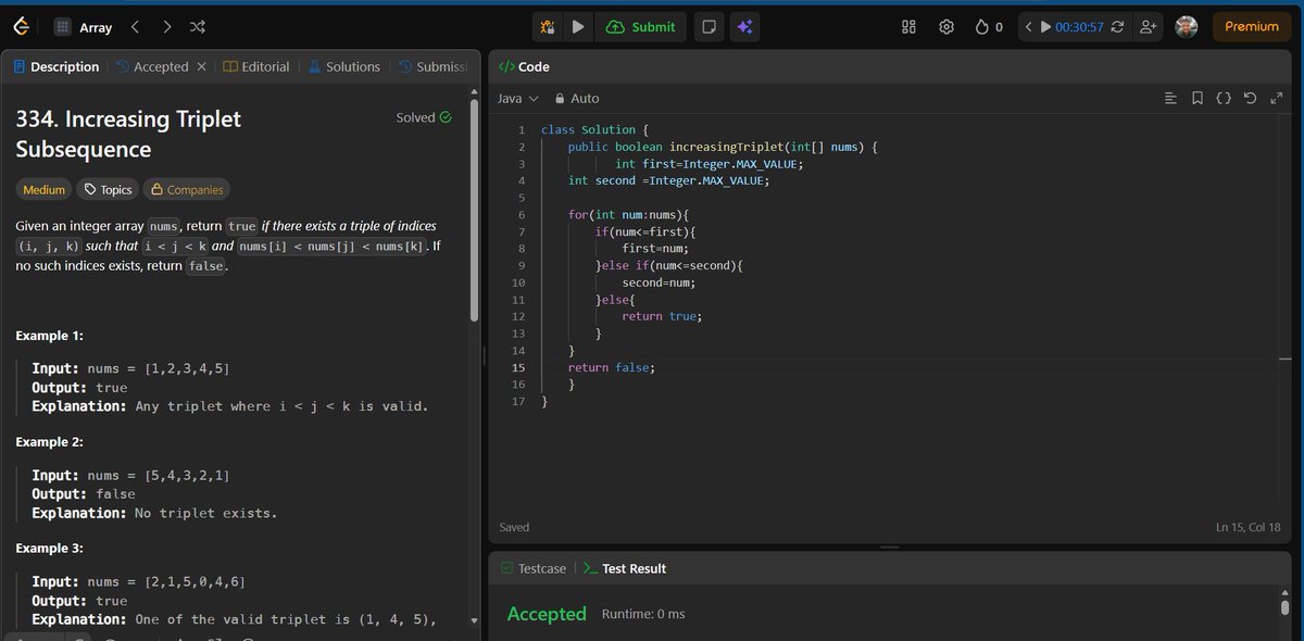 Ankitdotdev's tweet photo. Day 198/365 of the DSA grind! 
O(1) logic & HashMap magic:
• Increasing Triplet Subsequence: Maintained two variables (first & second) to find an increasing triplet in pure O(N) time and O(1) space!
• Self Crossing (Hard): Avoided storing 2D coordinates by mathematically detecting spiral intersections using just the last 5 distances!
• Palindrome Pairs (Hard): Prevented O(N²) TLE by splitting words into prefixes/suffixes and using a HashMap to find matching reversed strings instantly!

#DSA #Java #100DaysOfCode #LeetCode #Algorithms #SoftwareEngineering