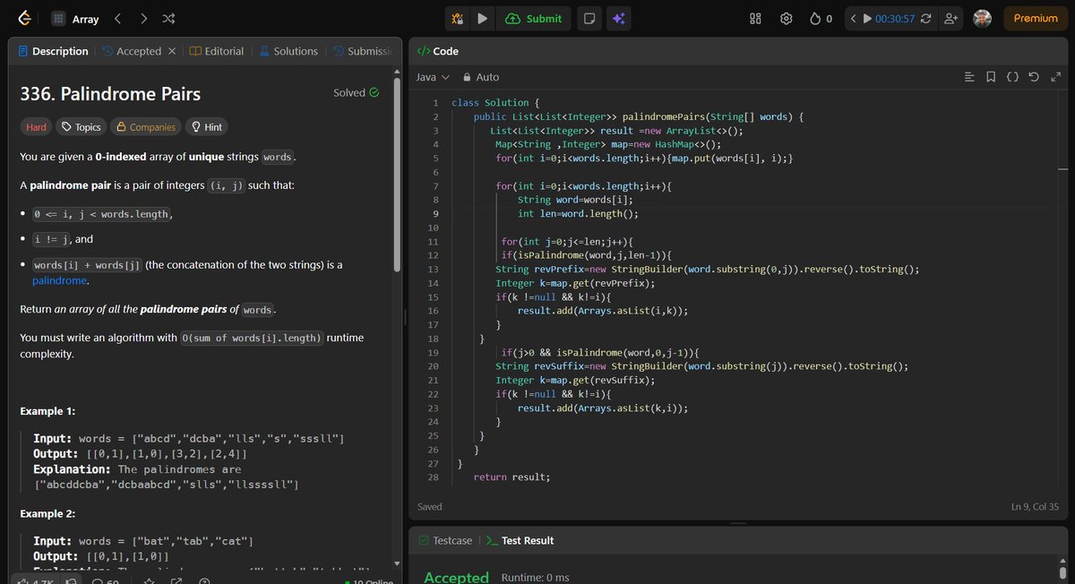Ankitdotdev's tweet photo. Day 198/365 of the DSA grind! 
O(1) logic & HashMap magic:
• Increasing Triplet Subsequence: Maintained two variables (first & second) to find an increasing triplet in pure O(N) time and O(1) space!
• Self Crossing (Hard): Avoided storing 2D coordinates by mathematically detecting spiral intersections using just the last 5 distances!
• Palindrome Pairs (Hard): Prevented O(N²) TLE by splitting words into prefixes/suffixes and using a HashMap to find matching reversed strings instantly!

#DSA #Java #100DaysOfCode #LeetCode #Algorithms #SoftwareEngineering