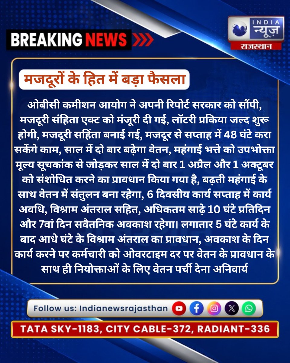 raj_indianews's tweet photo. #मजदूरों के हित में #सरकार का बड़ा फैसला, #कैबिनेट ने दी मंजूरी।
#Jaipur #JaipurNews #Rajasthan #RajasthanNews #Cabinet #BJPGovernment #Labour #LabourCode #MinimumWages #WorkersRights #LabourLaws @BhajanlalBjp @JogarampatelMLA @RajCMO @VishnoiManohar https://t.co/xorJLfbuoO