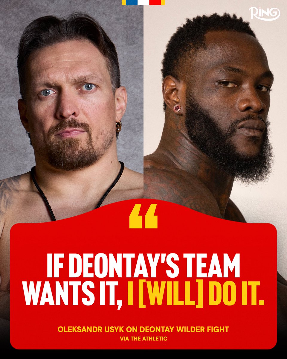 ringmagazine's tweet photo. USYK VS WILDER ❓

Ring heavyweight champion Oleksandr Usyk has once again welcomed Deontay Wilder as a potential opponent for his final fight 🎯 https://t.co/hEXNa1a3zj