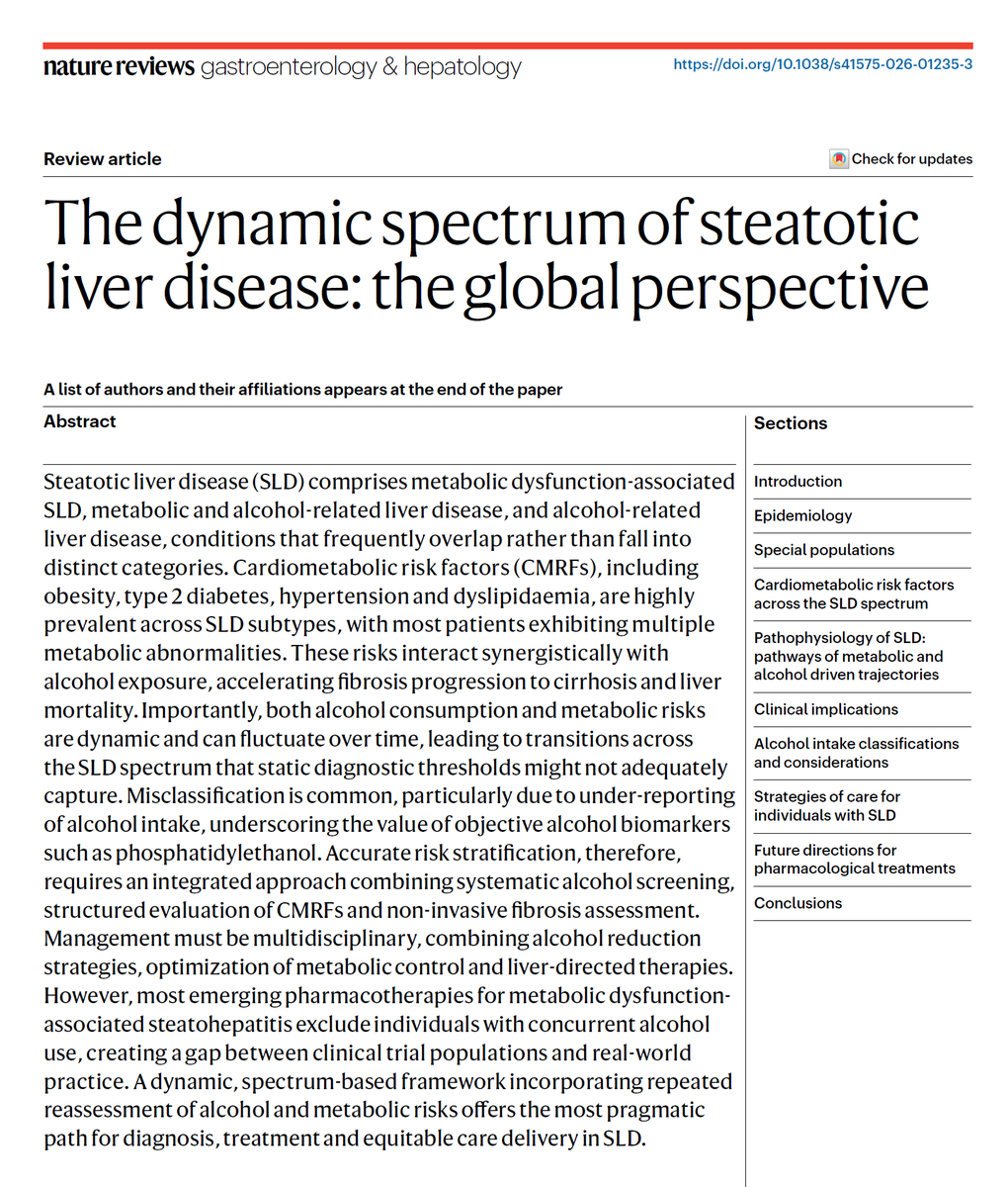 scottisaacsmd's tweet photo. Pleased to share our new Nature Reviews Gastroenterology & Hepatology review, “The dynamic spectrum of steatotic liver disease: the global perspective.” Grateful to be among the authors advancing a more integrated, real-world approach to #MASLD, #MetALD, and #ALD.
https://t.co/1ohG23N4cc