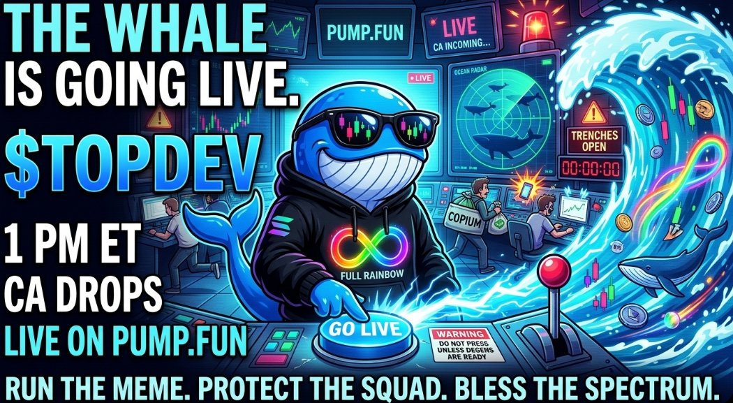 TopDevWhalePlug's tweet photo. 🚨🐋 DEGENS… THE BUTTON IS ABOUT TO GET PUSHED.

At 1 PM ET, TopDev goes LIVE.

CA drops.
@Pumpfun  stream goes on.
The trenches open.
And the whale officially gets released. 😂♾️
No mystery dev.
No faceless “team.”
No pretending we know what the chart is going to do.
Just a doxxed autistic disabled vet, a ridiculous whale in a hoodie, a growing squad, and an experiment to see what happens when meme culture gets pointed at something bigger than itself.
And yes…

I fully intend to start reaching out to autism nonprofits and showing the receipts when this thing gives back. 🧾💙
The chart will decide the chart.
WE decide the culture.

🐋 RUN THE MEME.
🛡️ PROTECT THE SQUAD.
♾️ BLESS THE SPECTRUM.

1 PM ET.

Someone probably should’ve hidden the GO LIVE button from the autistic guy. 😂🔴