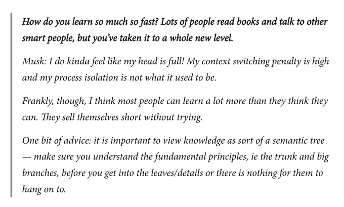 StartupWisdom_'s tweet photo. .@elonmusk on how to learn quickly: https://t.co/1yyAt8WxsW