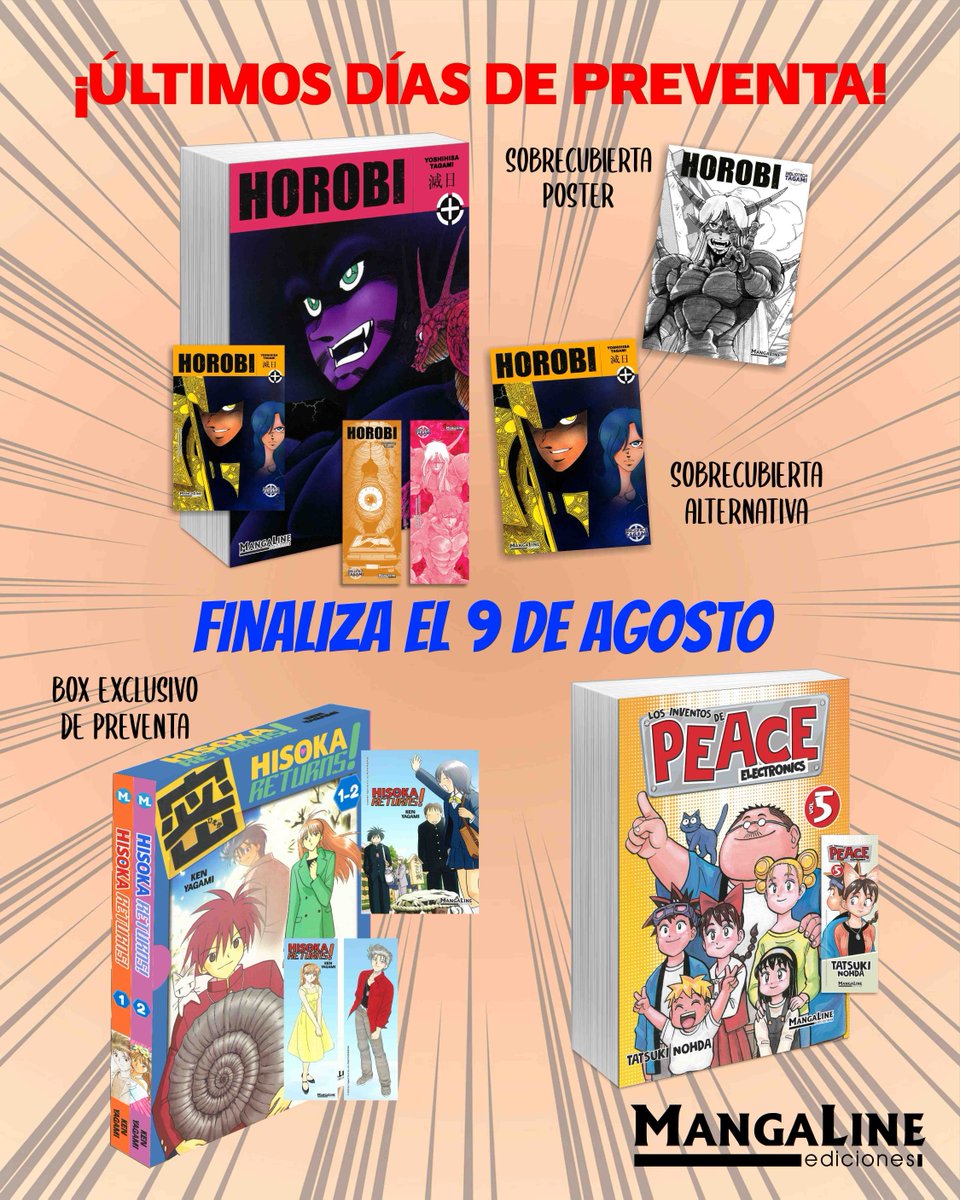 MangalineES's tweet photo. 🔥¡ÚLTIMOS DÍAS DE PREVENTA!🔥

El próximo domingo 9 de agosto finaliza la preventa de Horobi, Peace 5 y Hisoka Returns! 1 y 2. Si aún no la habéis hecho, aprovechad. ¡No os quedéis sin los extras!

Podéis conseguirlos en https://t.co/w65NrAXD74 https://t.co/i6QHgxv8pl