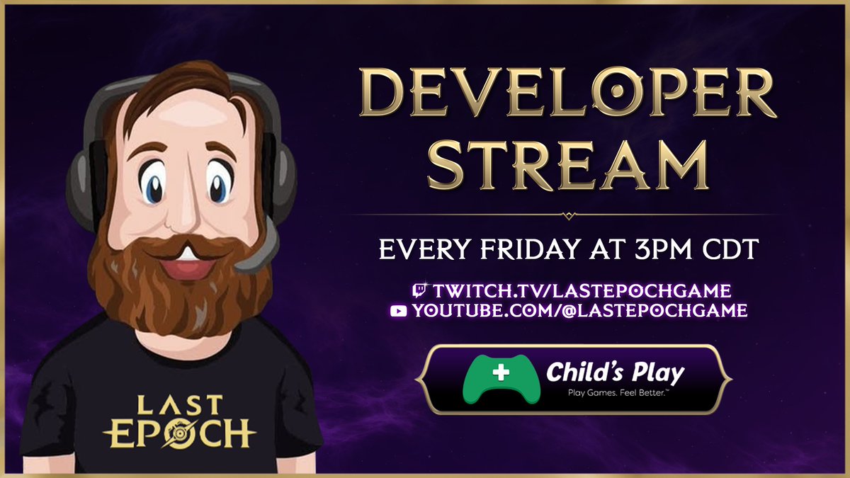 LastEpoch's tweet photo. Come join Mike @ 3pm CDT, live on Twitch!
Link: https://t.co/QQrtIAx4lE
We have chosen Child's Play as our charity for this stream.
#DevStream #ARPG #LastEpoch https://t.co/7RdpjEFkm2