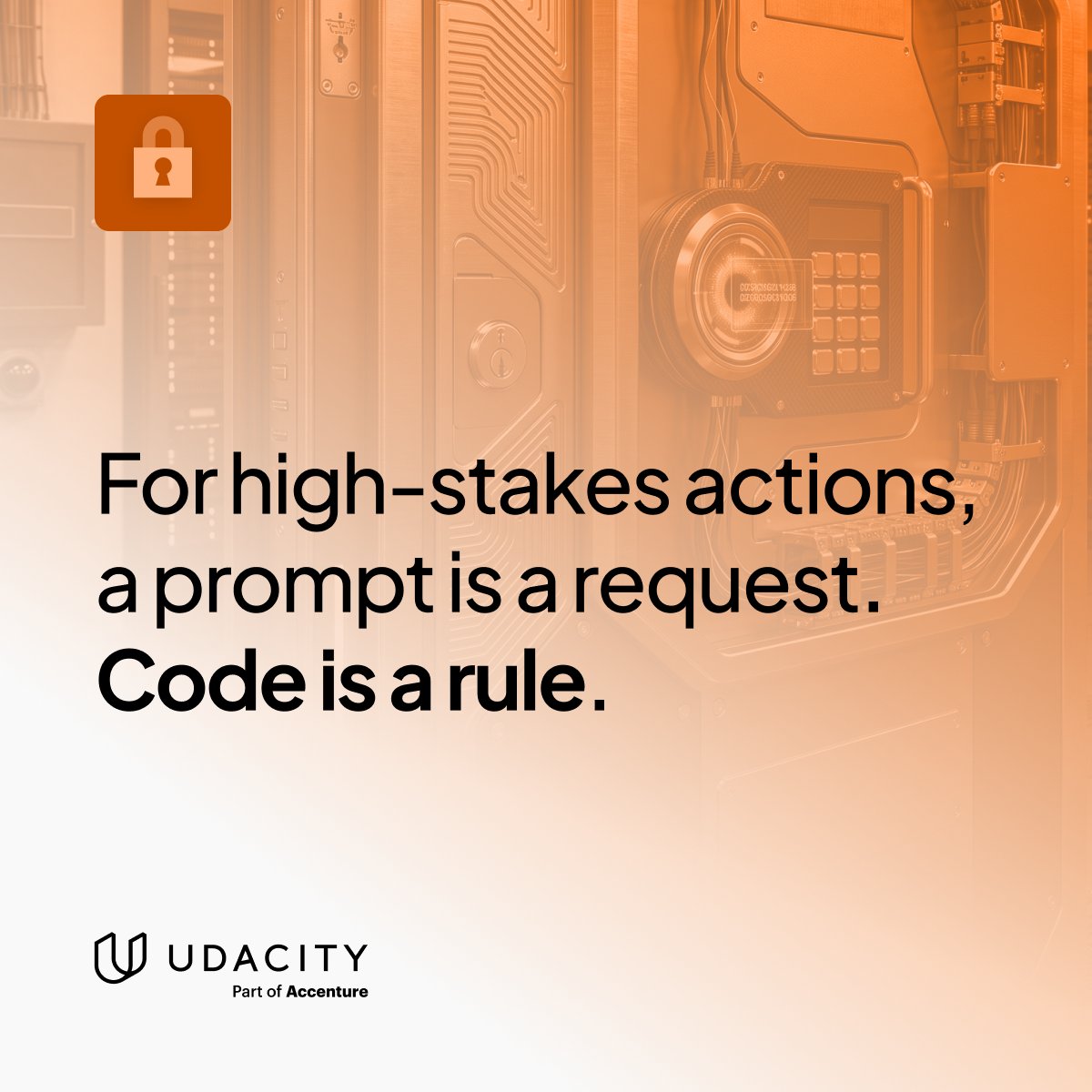 udacity's tweet photo. Our take: for anything high-stakes, don't rely on a prompt at all.

A prompt can ask an agent to follow the rules, but it can't guarantee it will. That is fine for low-stakes work and risky the moment an agent is moving money or touching customer data. The fix is enforcement in code: deterministic control logic that holds the line no matter what the model decides, with a human in the loop where the stakes demand it.

That is how bounded autonomy gets built in the new AI Engineering with Claude Nanodegree program.

Learn more: https://t.co/lRu7Jp2QMJ

#AgenticAI #Claude #AIGovernance #AIEngineering