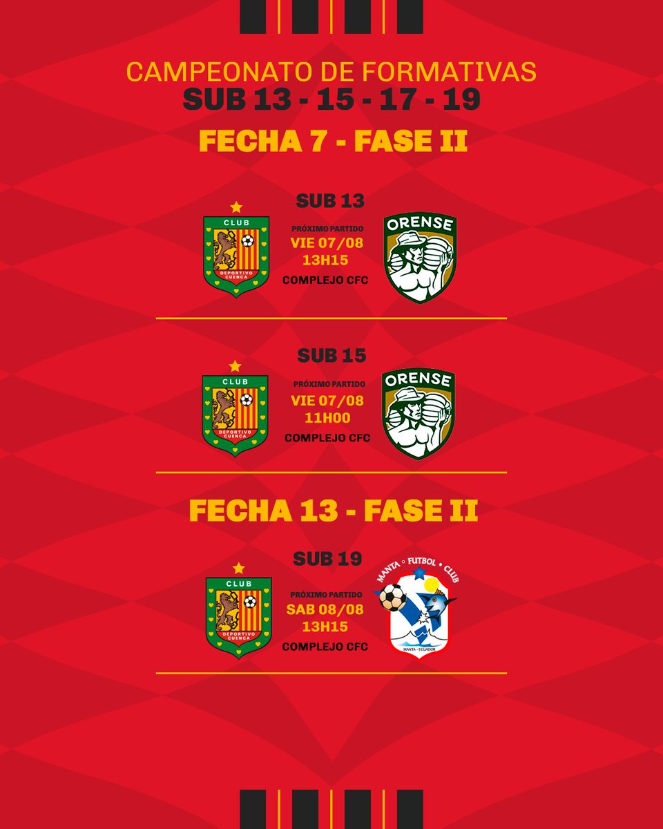 Formativas_DC's tweet photo. 🦁🔴⚫️ ¡Volvemos a ser locales en Portete! 🏟️💪

Este viernes y sábado nuestras formativas juegan en casa 🔥

📅 Viernes: Las categorías Sub 13 y Sub 15 recibirán a Orense SC. ⚽
📅 Sábado: La Sub 19 enfrentará a Manta FC. 🦁⚔️
¡Los esperamos para alentar a nuestros Leones! ❤️🖤 https://t.co/FdqfN1gwTP