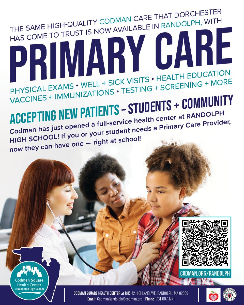 CodmanHealth's tweet photo. Codman is open and accepting new patients in Randolph! We've opened a full-service health center at #RandolphHighSchool. Now, you and your student will be able to get their primary care, physical exams, vaccines, and screenings right in town! Learn more at https://t.co/KZxRZ2pHLu https://t.co/JMGF6WfTc1