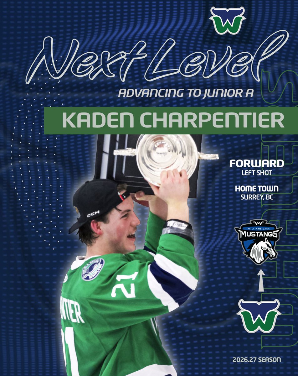 WRWhalersHockey's tweet photo. More great news from the Podβ¦ as part of our commitment to player development and advancement, we are proud to announce that Kaden CharpentierβsΒ Junior A playing rights have been traded to the Williams Lake Mustangs.
#NextLevel
#JuniorAAdvancement
#RidetheWaveπ
@ThePJHL https://t.co/BXx2EKXJqB