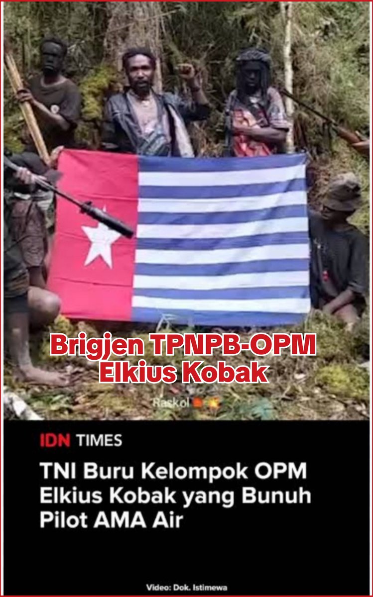 KagoyaSilas's tweet photo. Elkius Kobak adalah Panglima pemberontak bersenjata Organisasi #PapuaMerdeka #TPNPB-OPM Kodap XVI/Yahukimo (Papua Pegunungan/Papua Selatan).

Sebelum memegang pimpinan kelompok bersenjata di hutan, Elkius Kobak diketahui pernah aktif dalam gerakan/organisasi politik sipil penuntut kemerdekaan Papua (Komite Nasional Papua Barat (#KNPB) wilayah Yahukimo/Dekai, sebelum akhirnya beralih sepenuhnya ke gerakan militer #TPNPB_OPM

Aksi Elkius bertanggung jawab atas serangkaian aksi penembakan dan pembakaran pesawat sipil/komersial di wilayah Dekai dan Korowai (termasuk pesawat milik PT AMA dan pesawat Smart Air).

Dan terlibat dalam berbagai aksi penyerangan pos TNI/Polri, penembakan anggota TNI/Polri di Yahukimo, serta aksi kekerasan terhadap warga sipil di wilayah pegunungan Papua.

​Saat ini Elkius Kobak masuk dalam Daftar Pencarian Orang (DPO) oleh aparat Kepolisian dan TNI atas tuduhan tindakan kejahatan bersenjata dan terorisme.

#Yahukimo #PapuaPegunungan #PapuaSelatan #PapuaIndonesia