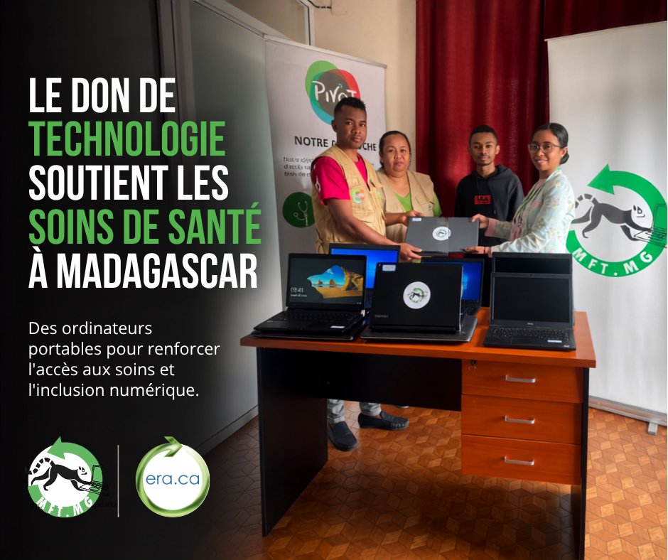 DonateRecycleIT's tweet photo. Un don technologique au service de la santé à Madagascar

Madagasikara Fanantenana Teknolojia (MFT), en collaboration avec l’Electronic Recycling Association (ERA), a fait don de 10 ordinateurs portables à Pivot Madagascar.

Ce don donne une seconde vie à du matériel informatique tout en renforçant les capacités numériques d’une organisation qui œuvre pour améliorer l’accès aux soins.

Ensemble, ERA et MFT continuent de promouvoir l’inclusion numérique, le réemploi responsable des technologies et le développement durable.

En savoir plus: https://t.co/CskMeQU5bG

#ERA #MFT #PivotMadagascar #Madagascar #DonTechnologique #InclusionNumérique #SantéNumérique #TechForGood #RéemploiTechnologique #DéveloppementDurable