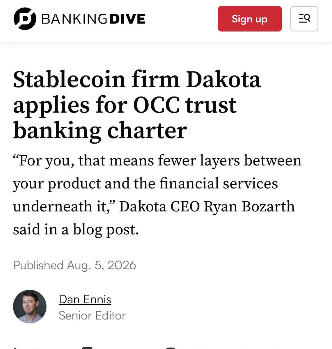 _Mr_ManXRP's tweet photo. Dakota, a registered money services business that launched a stablecoin offering in January, has applied for a national trust banking charter with the Office of the Comptroller of the Currency.

https://t.co/oDriCabxOo https://t.co/lzcd9B8VP5