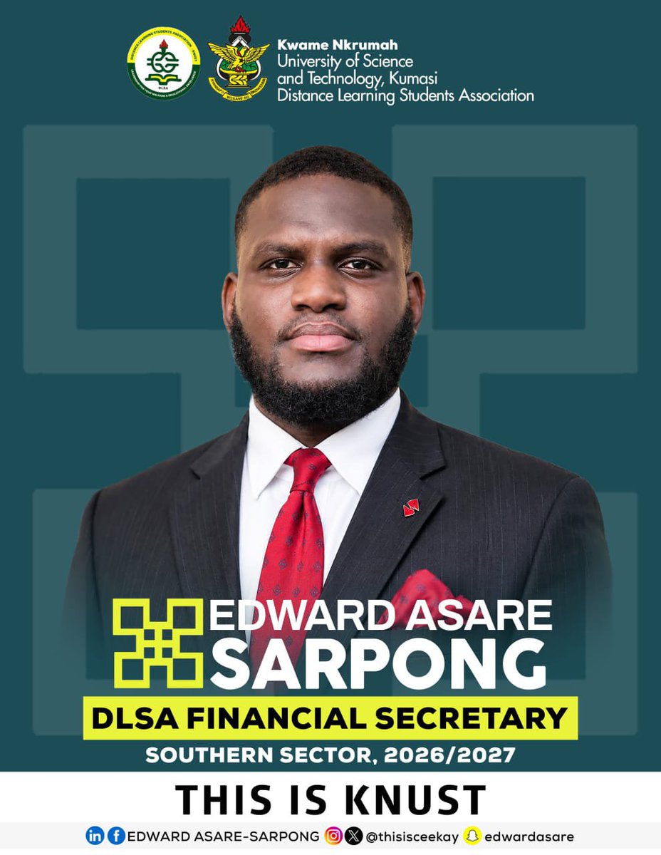 mcee_enkayz's tweet photo. Congratulations 🎉 to Edward Asare Sarpong,   ATU Alumni & Former ATUAS P.R.O & Finance Committee Member and LOSA 2019

He is honoured and deeply humbled to step into the office as the Southern Sector KNUST DLSA Financial Secretary for the 2026/2027 Academic Year.

He is committed to driving transparent financial stewardship and accountability. 

His name is Edward Asare and #thisisKNUST 🔰💯 #KNUST #SRC