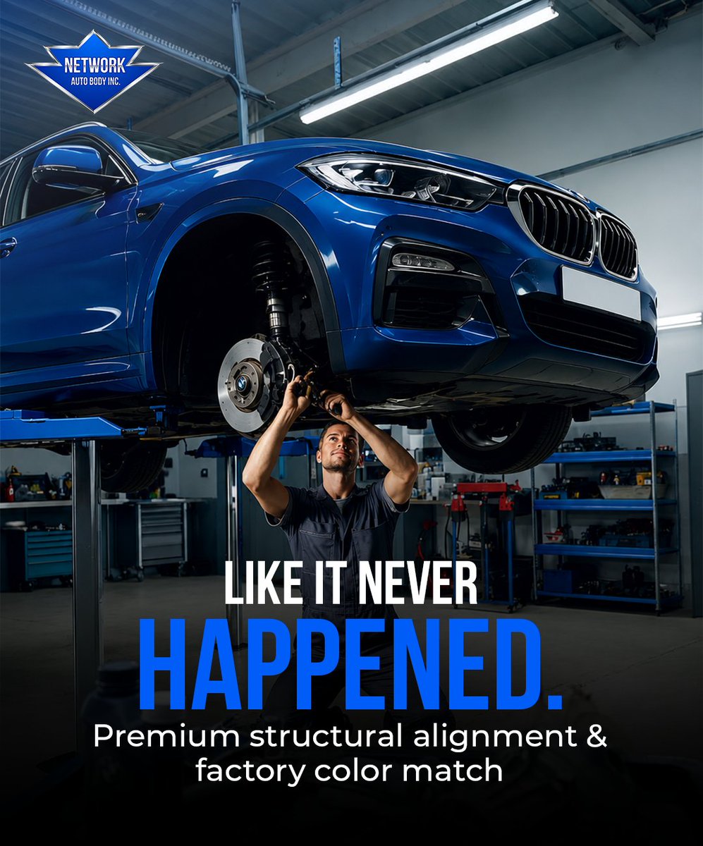 NetworkAutoBody's tweet photo. A bad collision doesn't have to mean the end of your car's resale value. From crushed metal back to zero-defect factory specs, our shop handles every step of the rebuild process under one roof.

Got damage? Send us photos or bring your car in for a fast estimate today! https://t.co/x5YQLFWNzv