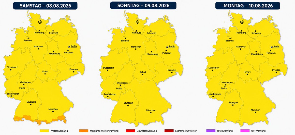 TeamFeuerchris's tweet photo. ☀️ WETTERAUSBLICK: SOMMER NIMMT WIEDER FAHRT AUF 🇩🇪

In den kommenden Tagen setzt sich in Deutschland zunehmend freundliches und sommerliches Wetter durch.

📅 Samstag: Vielerorts heiter bis sonnig und überwiegend trocken. Im Süden können lokal noch Schauer oder einzelne Gewitter auftreten.

📅 Sonntag: Viel Sonne und weiter steigende Temperaturen. Vor allem im Süden und Südwesten wird es zunehmend heiß.

📅 Montag: Sommerlich bis heiß. Höchstwerte um 30 °C, im Südwesten regional bis etwa 35 °C möglich. 🌡️

⚠️ Eine großflächige Unwetterlage zeichnet sich derzeit nicht ab. Lokale Gewitterentwicklungen bleiben dennoch im Blick.

🔄 Bei Änderungen der Wetterlage informieren wir euch.

#Wetter #Deutschland  #Hitze