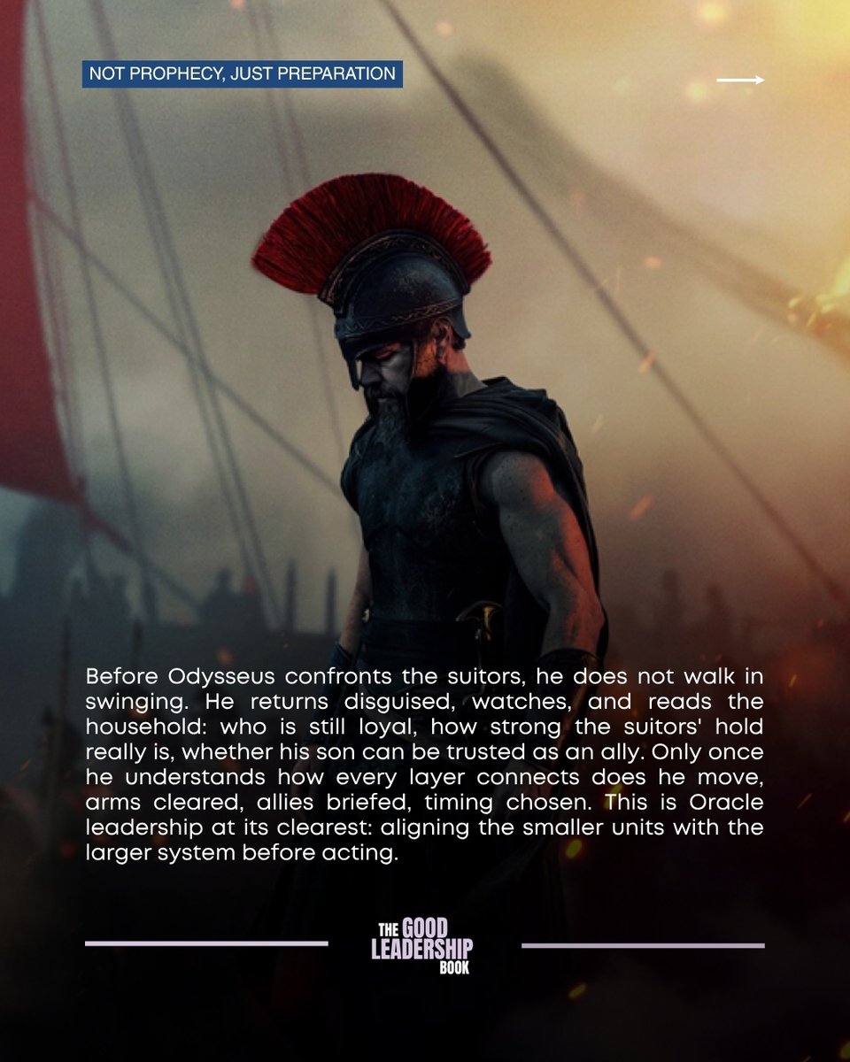 GoodLeadershipB's tweet photo. In the Good Leadership Book, that's the Oracle: the Character that makes sense of complexity so the right action becomes obvious.

Swipe through to see how one of literature's oldest heroes lines up with a very modern leadership lens. 🗺️

#GoodLeadership #TheOdyssey https://t.co/xEaS92FHK5