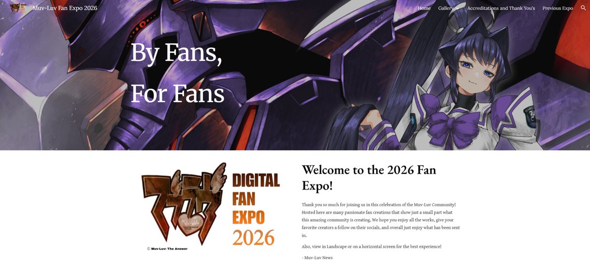 muvluvnews's tweet photo. 🎊The Muv-Luv Fan Expo 2026 is now
Live!🎊

Enjoy 80+ individual images, videos, fan fictions, and more made by this wonderful community!

Massive thanks to everyone who submitted something!
https://t.co/QBQeoLaPNY
#muvluv #マブラヴ

(Banner art by @Kreuzer00) https://t.co/q70Vd2Z1SE