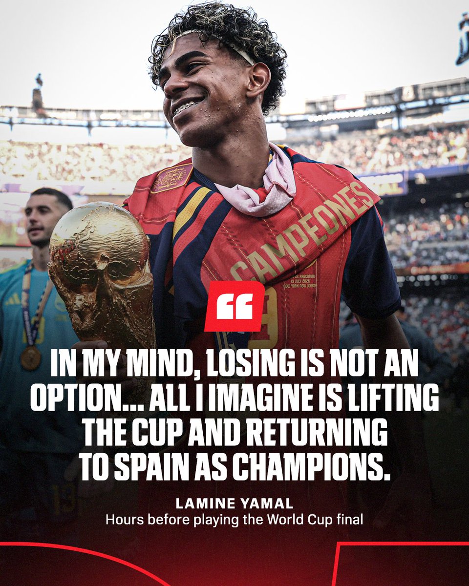ESPNFC's tweet photo. Hours before the World Cup final, Lamine Yamal was asked if he was nervous about playing in the World Cup final. He then manifested what would happen later that day 👀 🏆 https://t.co/pW3Wzj9OnK