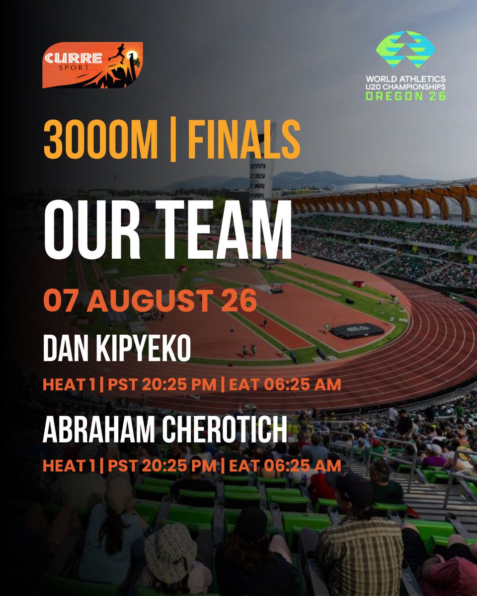 curresport's tweet photo. FINALS DAY 🏁

Three athletes. One morning. World stage.

🥇 Dan Kipyeko — 3000m Final
🥇 Abraham Cherotich — 3000m Final
🔥 Shafeck Murungi — 800m Semi-Final

5:03 AM &amp; 6:25 AM EAT. Set the alarm. Cheer loud.

#CurreSport #Oregon26 #WAU20 https://t.co/UvOKQnBxei