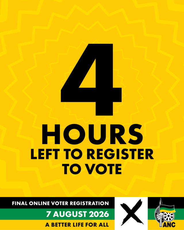 MYANC's tweet photo. ⏰ 4 hours to go.
The countdown is on. Register to vote or update your registration details online before midnight tonight.
Don't wait until the last minute.
#RegisterToVoteANC #LGE2026 https://t.co/115wZinKKP